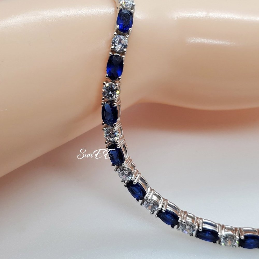 NEW 925 STERLING BLUE SAPPHIRE TENNIS BRACELET 7" - Picture 3 of 4